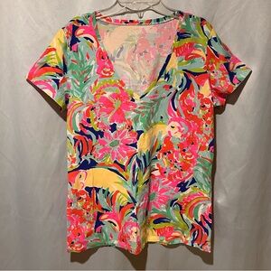 Lilly Pulitzer Multicolor Floral V-Neck Cotton Tee Shirt Size Large